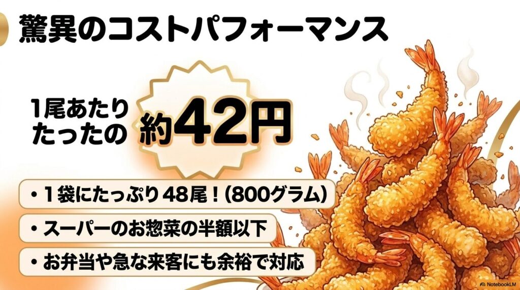 1尾あたり約42円という、コストコの海老フライの圧倒的なコストパフォーマンスを説明するスライド。