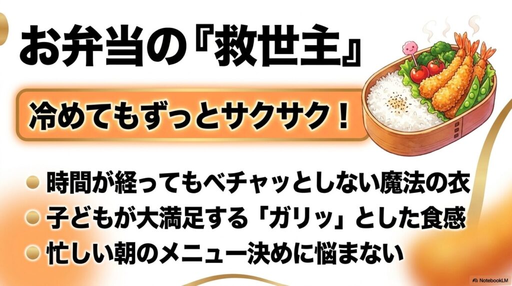冷めてもサクサク感が続くため、お弁当のおかずに最適であることを紹介するスライド。