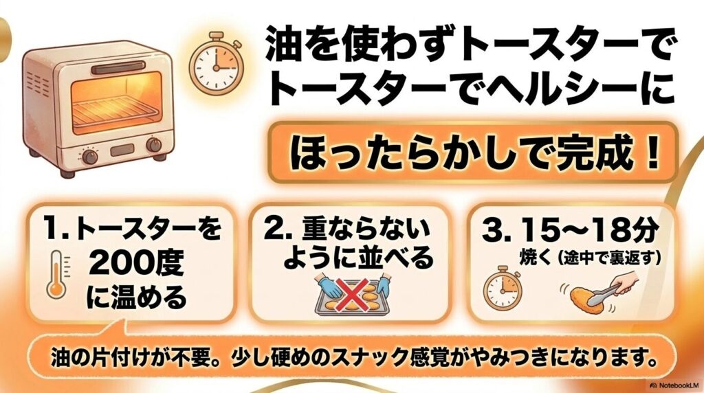 油を使わずトースターでほったらかし調理をする手順と、ヘルシーな仕上がりについての紹介。