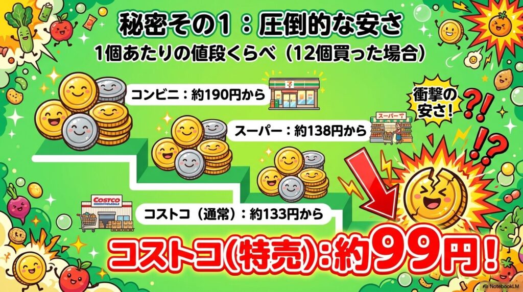 コンビニ、スーパー、コストコのじゃがりこ1個あたりの価格を比較し、コストコの特売価格が最も安いことを示しています。