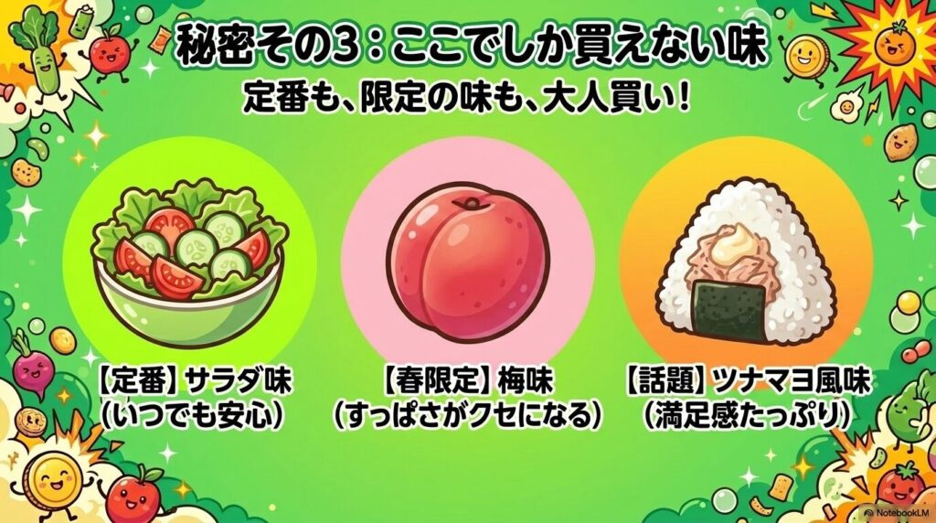 定番のサラダ味に加えて、春限定の梅味や話題のツナマヨ風味など、コストコで買える様々な味を紹介しています。