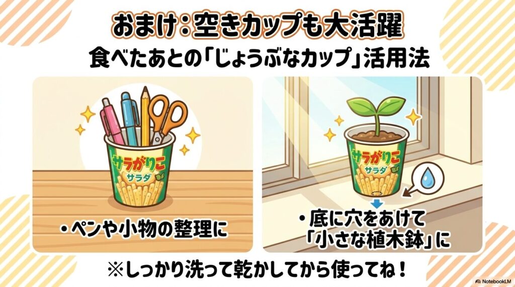 食べた後の丈夫な空きカップを、ペン立てや小さな植木鉢として再利用するアイデアを紹介しています。