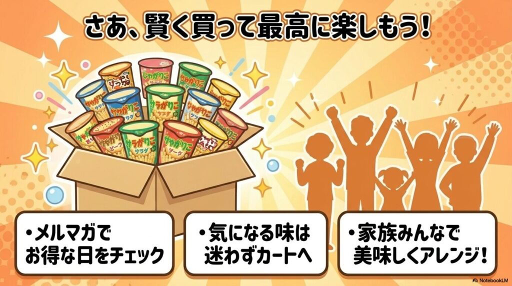 まとめとして、メルマガのチェックや家族でのアレンジを推奨し、賢く楽しむことを呼びかけています。