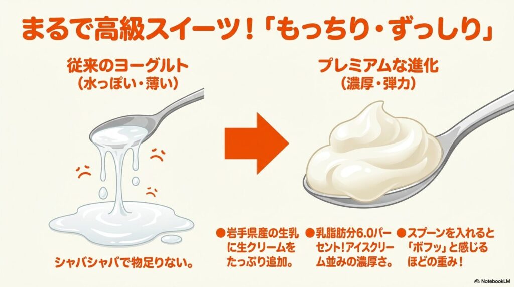 従来のヨーグルトと湯田ヨーグルトの質感の違いを比較し、その濃厚さと弾力の特徴を解説するスライド。