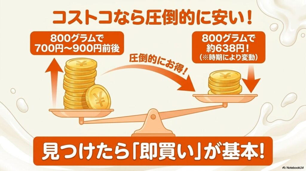 コストコでの販売価格が他店よりも安くお得であることを、天秤とコインのイラストで比較するスライド。
