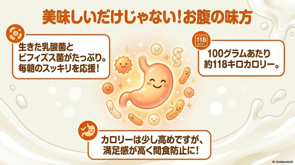 湯田ヨーグルトに含まれる乳酸菌とビフィズス菌の健康効果、およびカロリーについての解説。