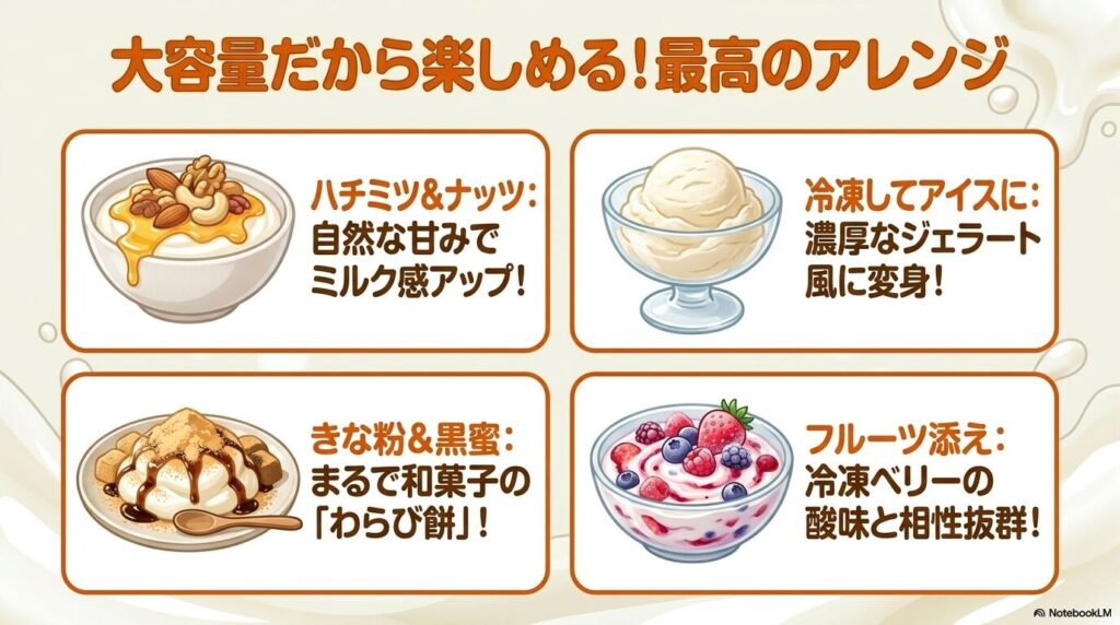 湯田ヨーグルトを楽しむための4つのアレンジレシピ（ナッツ、アイス、和風、フルーツ）の紹介。