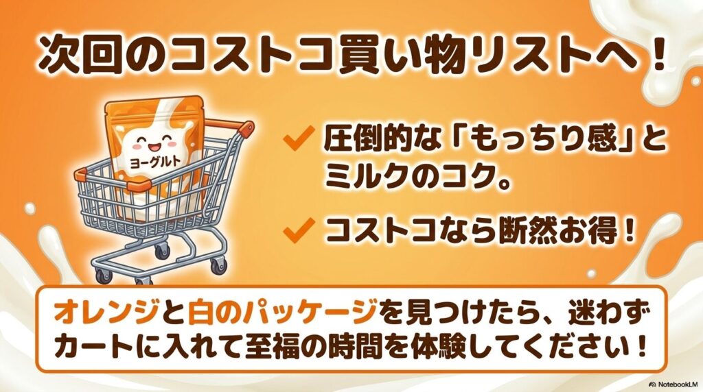 まとめとして、コストコでオレンジと白のパッケージを見つけた際の購入を推奨する結びのスライド。