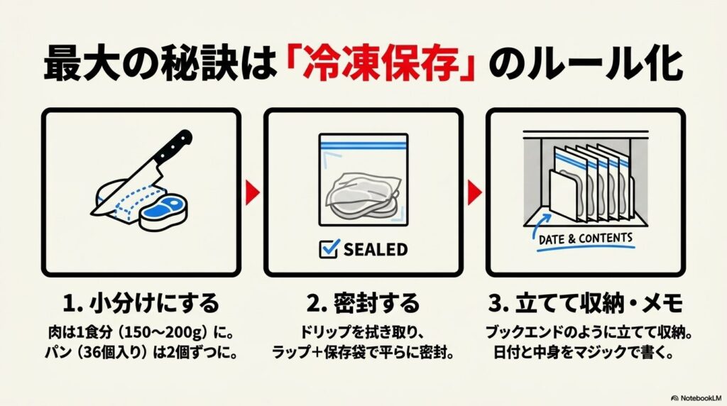コストコ商品を賢く使う最大の秘訣として、小分け・密封・立てて収納という冷凍保存のルールを紹介するスライド。
