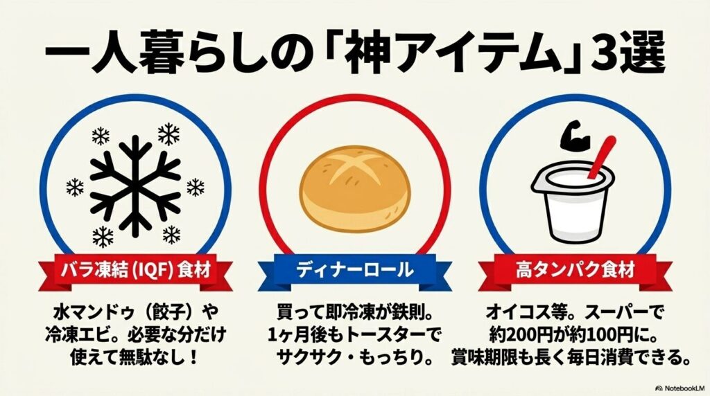 一人暮らしにおすすめの「神アイテム」3選として、バラ凍結食材、ディナーロール、高タンパク食材を紹介。
