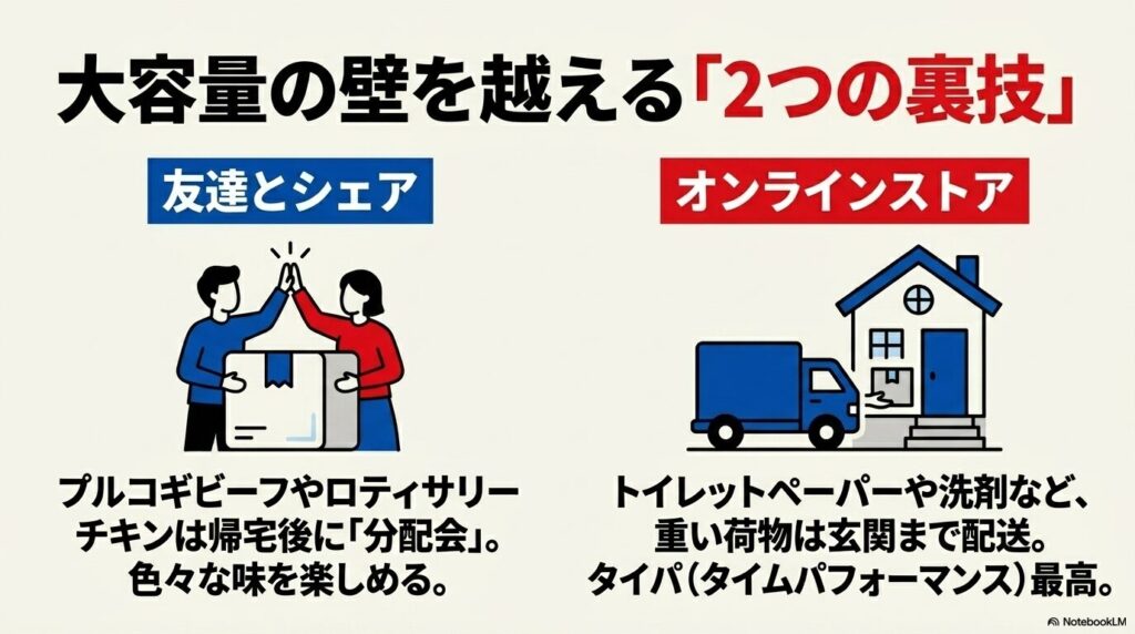 大容量の壁を越える裏技として、友達とのシェアと、重い荷物を届けてくれるオンラインストアの活用を提案。