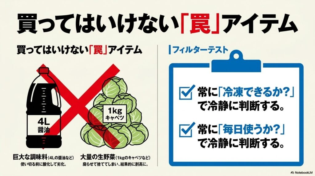 酸化や腐敗のリスクがある巨大調味料や大量の生野菜を「罠」アイテムとし、購入前の判断基準を解説するスライド。