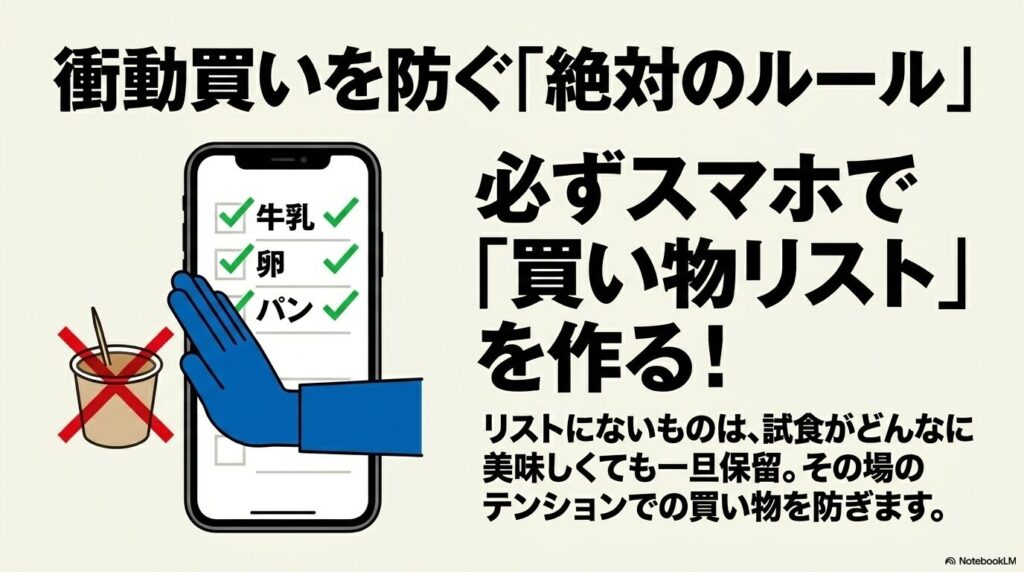 衝動買いを防ぐため、必ずスマホで買い物リストを作成し、リスト外のものは試食が美味しくても買わないルールを説明。