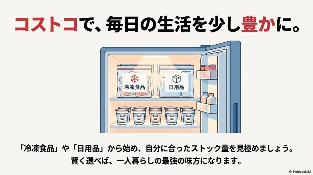 コストコを賢く選んで毎日の生活を豊かにすることを提案し、自分に合ったストック量を見極めるよう促すスライド。