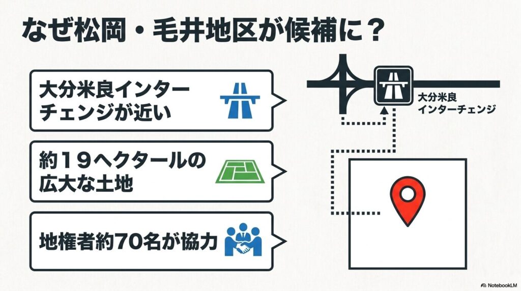 松岡・毛井地区が候補地として注目された理由として、交通の便、敷地面積、地権者の協力の3点を挙げています。