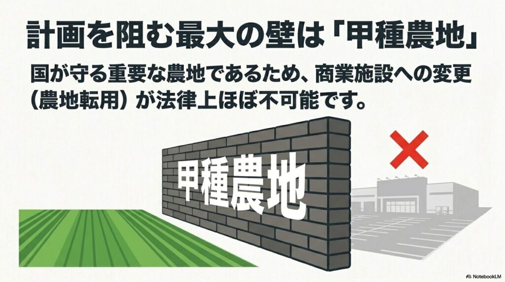 計画の最大の障壁は、法律で守られており商業施設への転用がほぼ不可能な「甲種農地」の規制であることを説明。