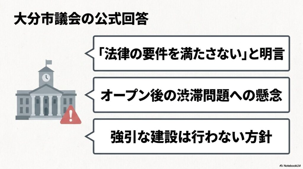 大分市議会による公式回答として、法律要件の未充足や渋滞への懸念、強引な建設は行わない方針を紹介。