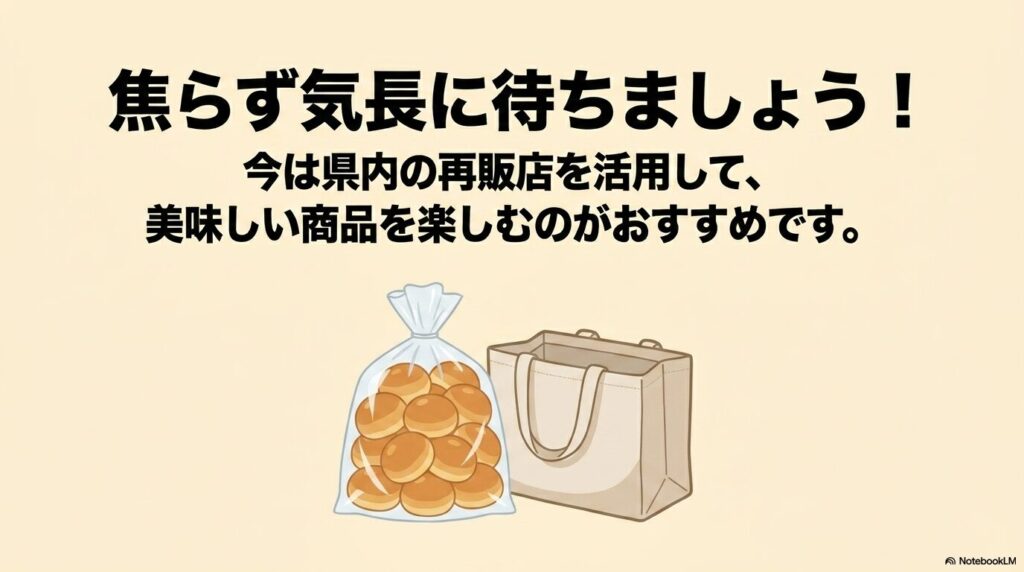 焦らずに県内の再販売店を活用しながら、コストコの正式な進出を気長に待つことを提案するメッセージ。