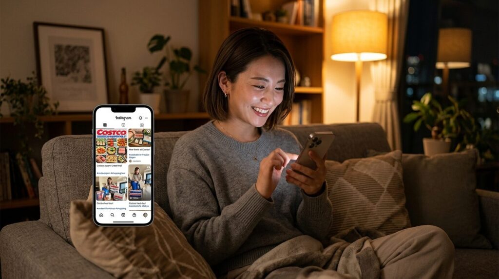 インスタグラムでコストコの購入品ハッシュタグを検索する日本人女性