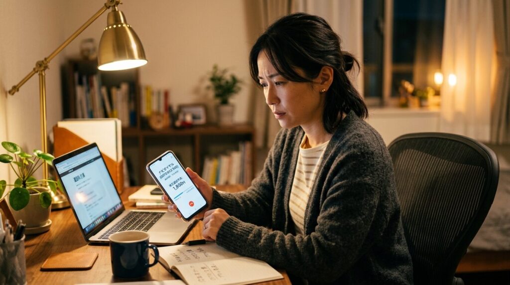 ナビダイヤルの通話料金に注意しながらスマートフォンを見る日本人女性