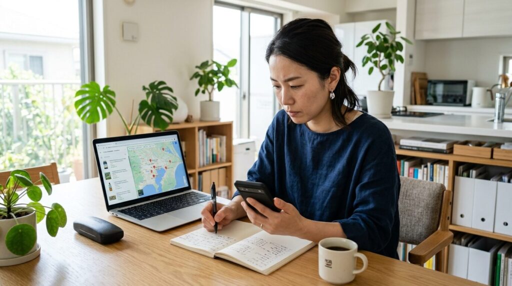 複数のコストコ店舗の在庫情報を比較検討する日本人女性