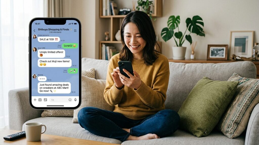 LINEオープンチャットでコストコの情報交換をする日本人女性