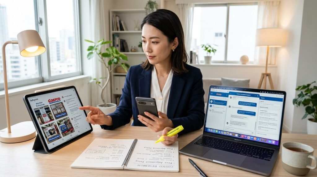 スマートフォンで複数のアプリとSNSを活用してコストコ情報を収集する日本人女性