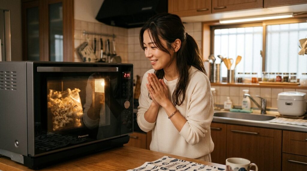 電子レンジでポップコーンを加熱する様子を見守る日本人女性