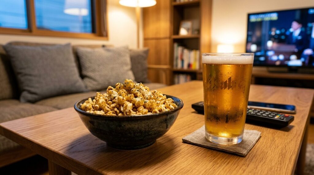 コンソメ味のポップコーンとビールでお酒のおつまみとして楽しむシーン