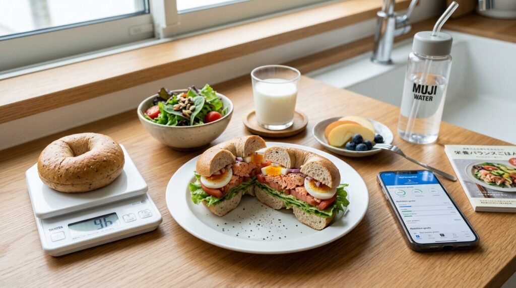 栄養バランスを考えたベーグル食とキッチンスケールで計量する様子