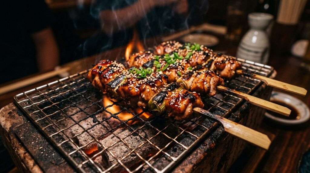 炭火で焼く本格焼き鳥 - 照りのあるジューシーな鶏肉串