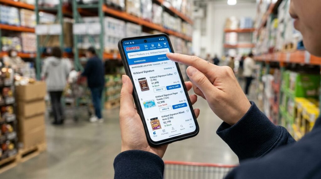 コストコ公式アプリで商品検索と店舗在庫を確認する様子