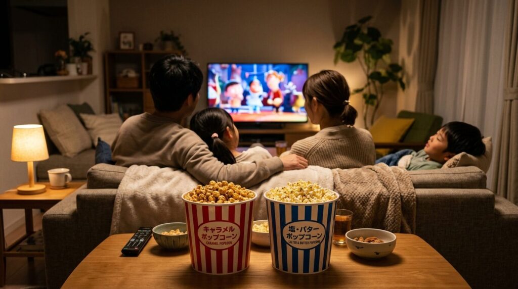 ポップコーンを楽しみながら映画鑑賞する日本人家族のリビングルーム