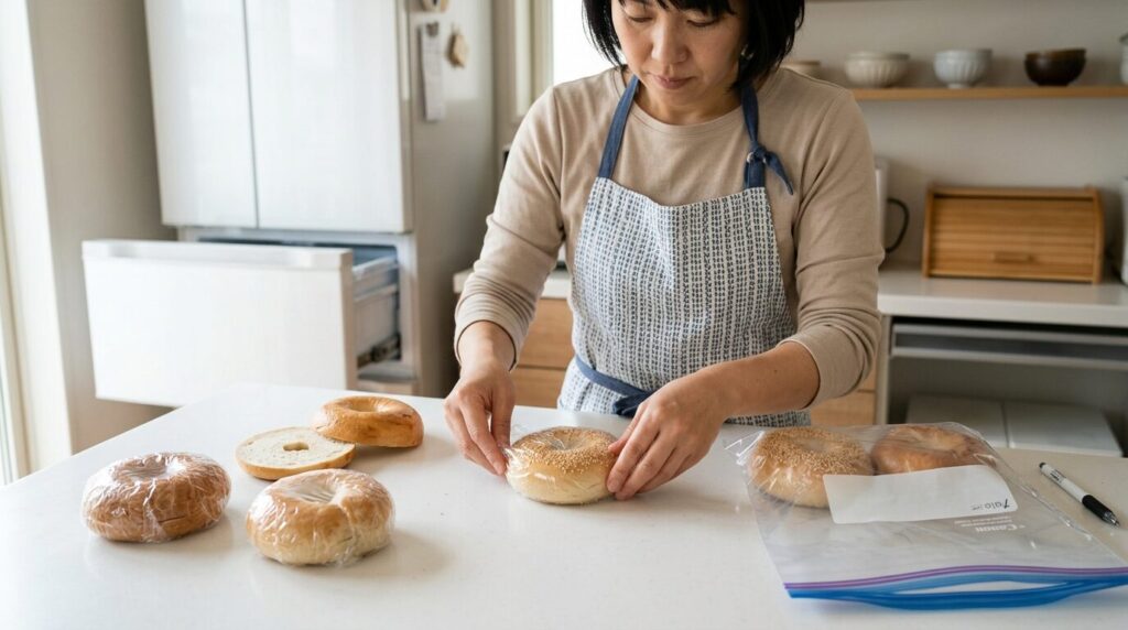 ベーグルをラップで包みジッパー付き保存袋に入れる正しい冷凍保存方法