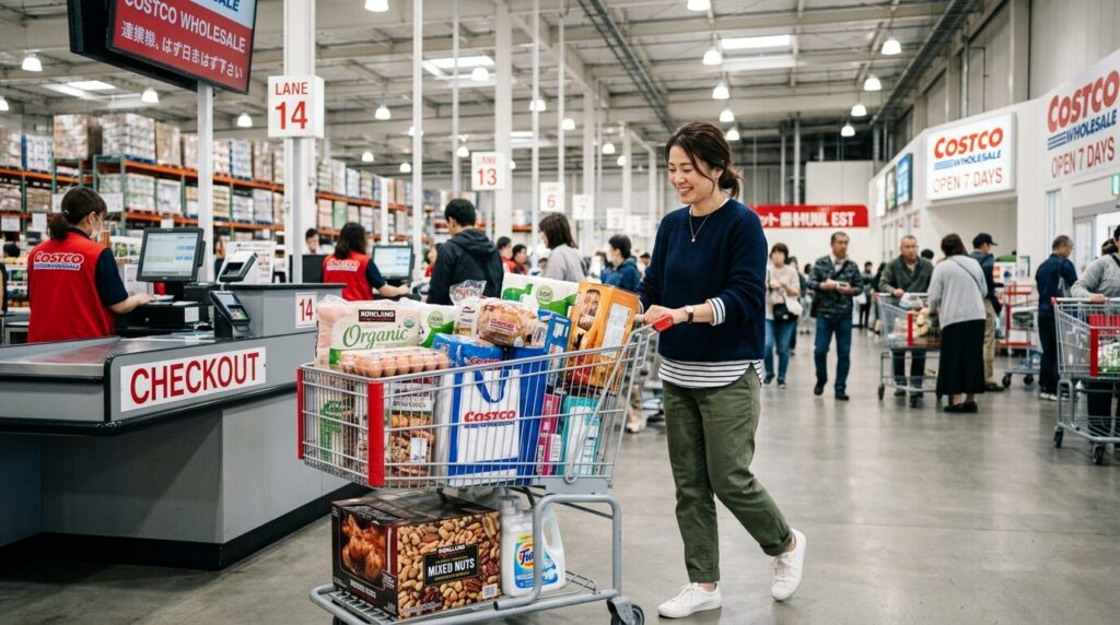 コストコでの買い物を楽しむ日本人女性がカートを押しながら満足そうに商品を見ている様子