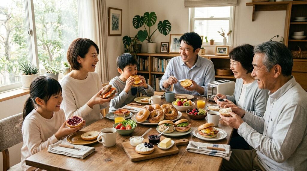 様々なベーグル料理を囲んで楽しむ日本の家族の食卓風景