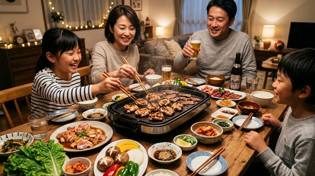 家族で楽しむ焼肉パーティー - 電気グリルで焼く鶏もも肉