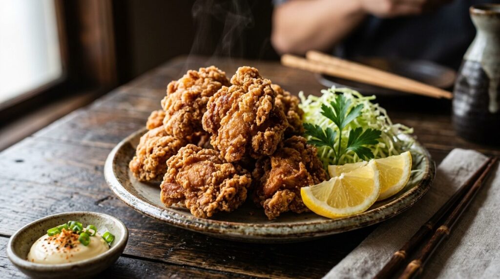 黄金色に揚がったジューシーな鶏の唐揚げ - レモンとキャベツ添え