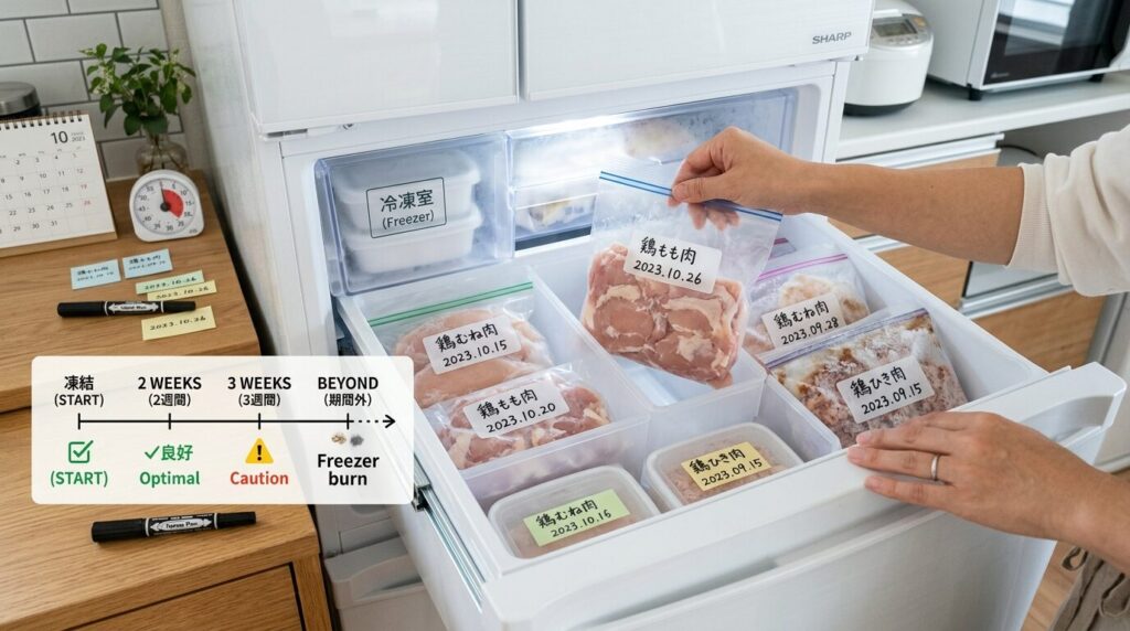 冷凍鶏肉の保存期限管理 - 日付ラベル付き冷凍庫の整理術