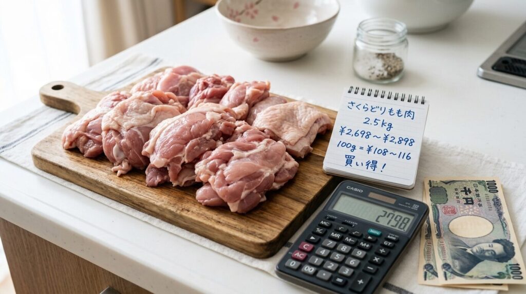 パッケージから出した新鮮なさくらどりもも肉 - コスパ計算と価格情報付き