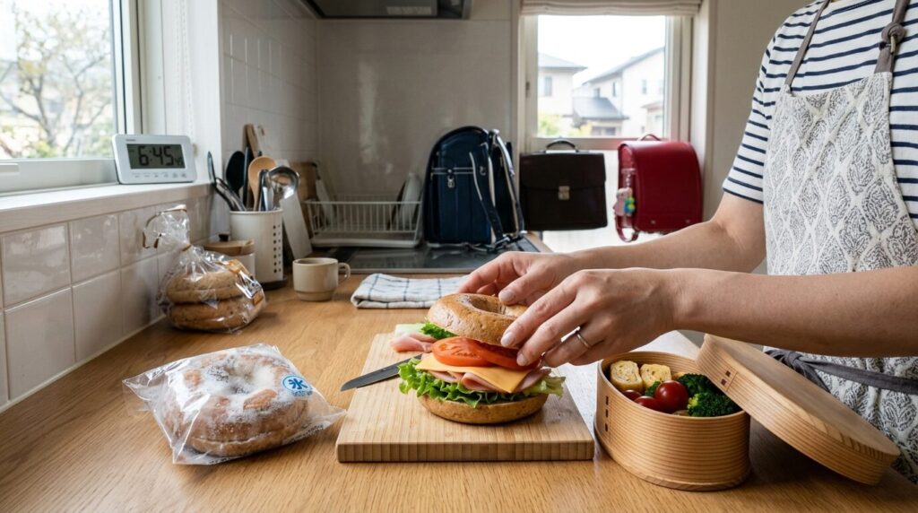 お弁当用ベーグルサンドイッチを準備する朝のキッチン風景
