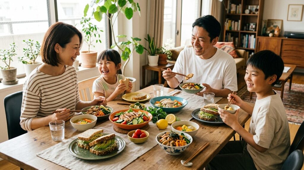 さくらどりサラダチキンを使った家族の健康的な食卓風景、多彩なアレンジ料理を囲む幸せな食事シーン