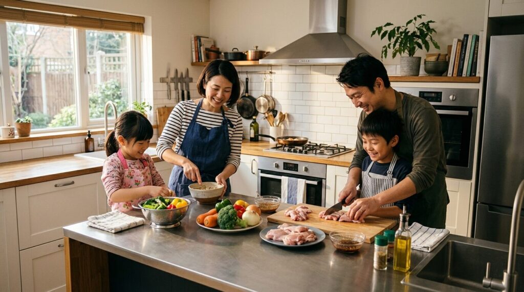 家族で楽しむ鶏肉料理の調理風景 - 明るいキッチンで料理する日本の家族