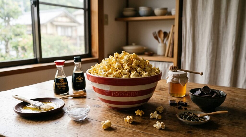 コストコのポップコーンと様々なアレンジ用調味料が並ぶキッチンの様子