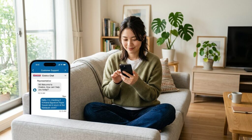 スマートフォンでコストコの公式カスタマーサービスチャット機能を利用する日本人女性