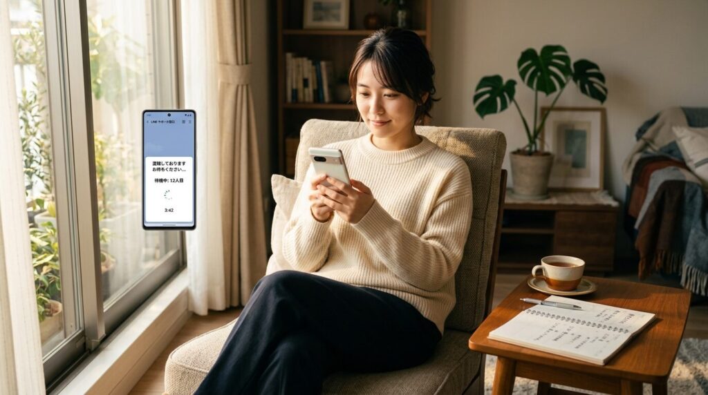 混雑時のチャット待機画面を見ながら最適な問い合わせ時間を考える日本人女性