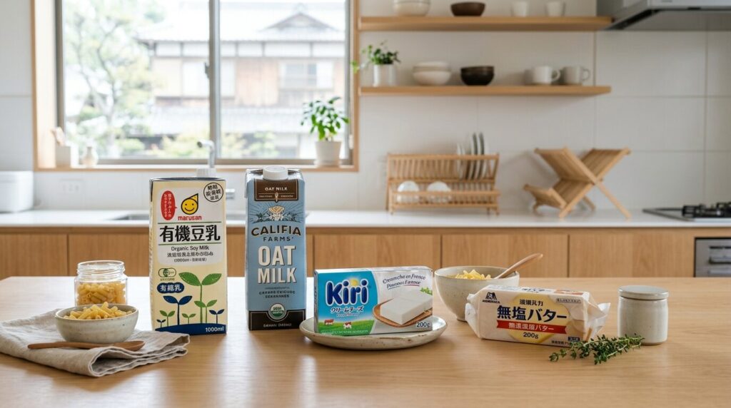 豆乳・オーツミルク・クリームチーズ・バターなど牛乳の代用品がキッチンカウンターに並ぶ様子