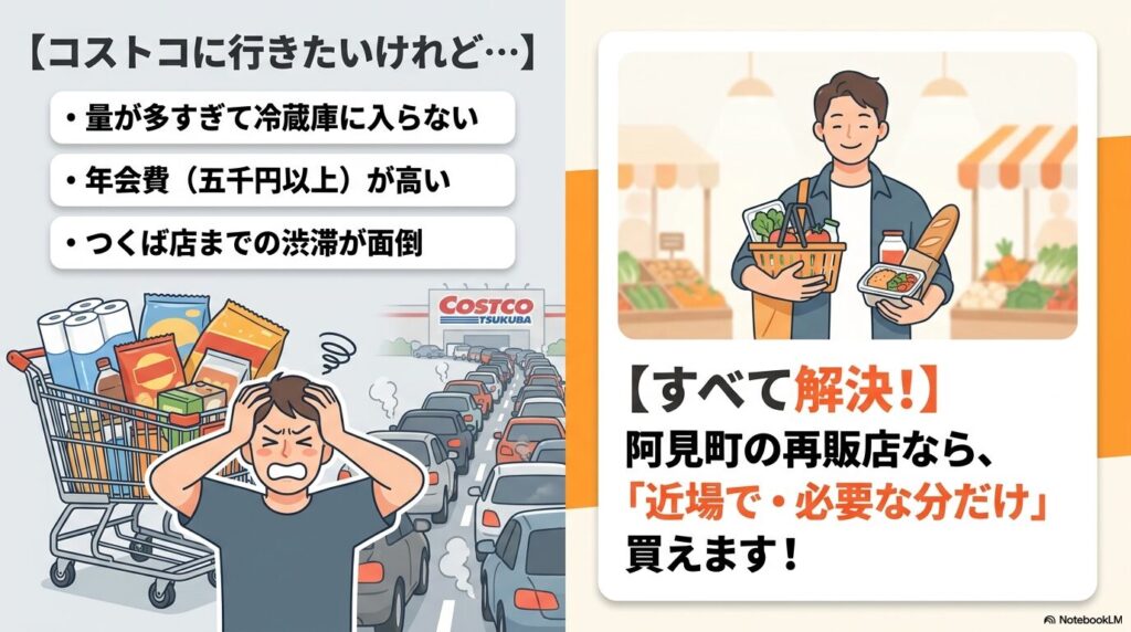 本家のコストコで感じる不満点を、阿見町の再販店がどのように解決するかを説明するスライド。