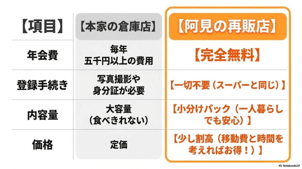 コストコ本家の倉庫店と阿見の再販店の違いを、年会費や内容量などの項目で比較した表。