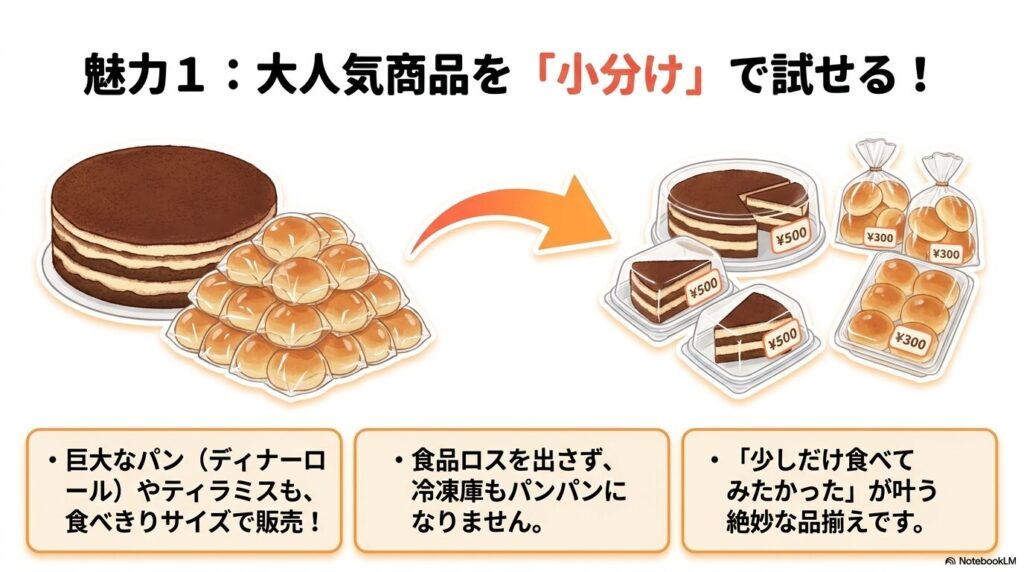 魅力の1つ目として、コストコの人気商品を小分けサイズで手軽に購入できるメリットを解説。
